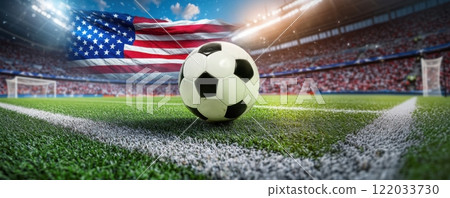 Classic black-and-white football on green field near corner line, with American flag waving in stadium during a sunny match. 122033730