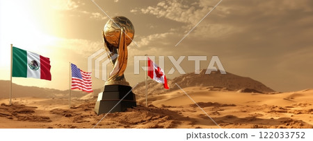 Golden trophy with black pedestal surrounded by flags of Mexico, USA, and Canada, in desert under a golden sunset sky. 122033752