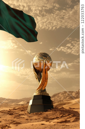 Golden football trophy on black pedestal with green flag fluttering in the background, set against sandy dunes under warm sunlight. 122033763
