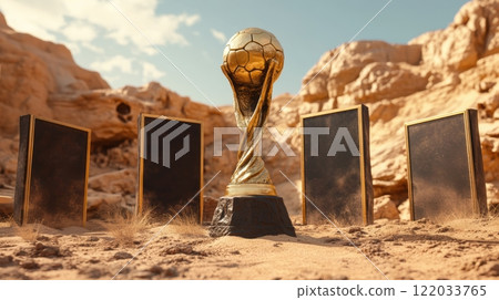 Golden trophy with football ball on textured black pedestal, surrounded by black plaques with gold edges in desert landscape under clear sky. 122033765