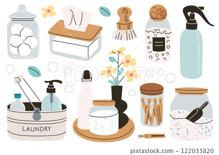 Vector illustrations of eco friendly laundry and cleaning accessories, washing supplies collection, glass jars with detergents, brushes, spray bottles, clothespins, household equipment, storage tips Vector illustrations of eco friendly laundry and cleaning accessories, washing supplies collection, glass jars with detergents, brushes, spray bottles, clothespins, household equipment, storage tips 122033820
