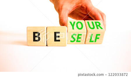 Motivational be yourself symbol. Concept words Be yourself on beautiful wooden block. Beautiful white background Businessman hand. Business motivational be yourself concept. Copy space. Motivational be yourself symbol. Concept words Be yourself on beautiful wooden block. Beautiful white background Businessman hand. Business motivational be yourself concept. Copy space. 122033872