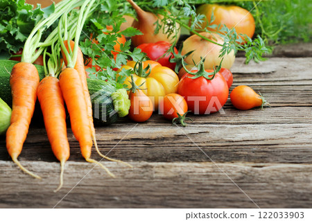 Fresh vegetables. Colorful vegetables background. Healthy vegetable studio photo. Assortment of fresh vegetables close up. 122033903