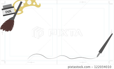 漫畫藝術用品包圍的雙頁原稿紙的背景插圖 122034010