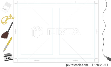 Background illustration of a double-page manuscript paper surrounded by manga art supplies 122034011