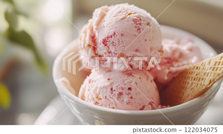Waffles and strawberry ice cream 122034075