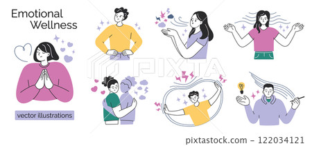 Vector illustration set of emotional wellness, people practicing mindfulness, self care, gratitude, flat cartoon characters showing self acceptence, balance, creative flow and resilience concepts 122034121