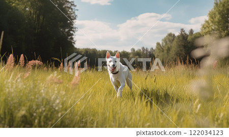 Domestic white dog walking and playing in the meadow. Domestic white dog walking and playing in the meadow. 122034123