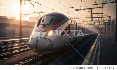 Modern high speed bullet train railway transportation in the train station. 122034124