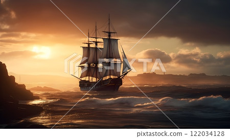 Old wooden sailing ship or pirate ship set sail to the wild ocean with big wave and cloudy sky evening sunset. 122034128