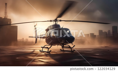 Helicopter landing on helipad on top of the building evening sunset dark sky. 122034129