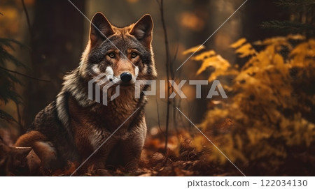 Wolf sit, observe, and hunting in the woods forest. 122034130