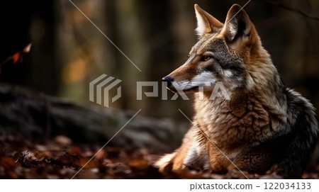 Wolf sit, observe, and relax in the woods, forest background. 122034133
