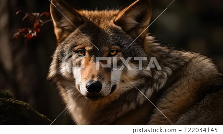 Close up of wolf face stare and observe in the meadow nature background 122034145