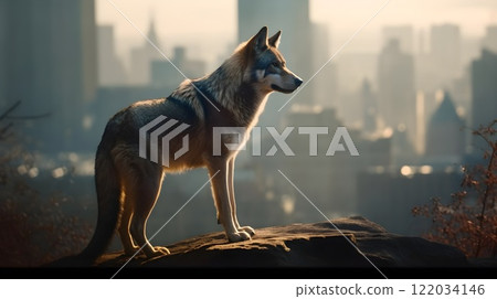 Czechoslovakian Wolfdog standing on top of the big rock with city background. Czechoslovakian Wolfdog standing on top of the big rock with city background. 122034146