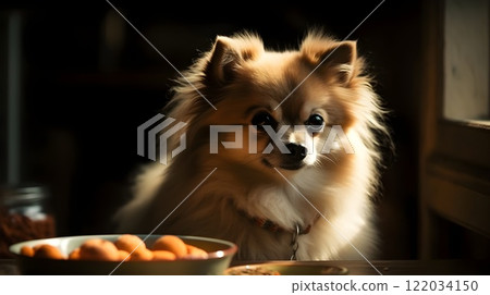 Close up of a cute white brown pomeranian dog sit on the chair dinner table asking for some food. 122034150