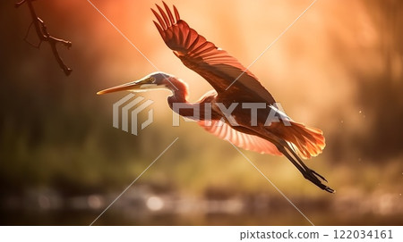 Great blue heron soaring over the lake to catch fish in the evening sunset. Great blue heron soaring over the lake to catch fish in the evening sunset. 122034161