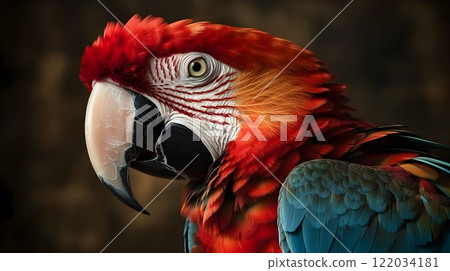 Close up portrait shot Red Scarlet Macaw parrot bird nature blur bokeh background. Close up portrait shot Red Scarlet Macaw parrot bird nature blur bokeh background. 122034181