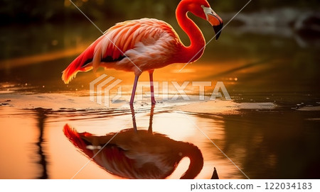 Red American flamingo birds in the water and reflection evening sunset. 122034183