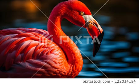 Close up portrait of Red American flamingo birds in the water. 122034184