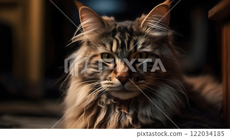 Close up face of long hair Maine Coon cat breed pet looking at the camera at home background. 122034185