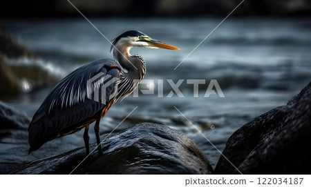 Great blue heron standing at the river to catch fish. 122034187