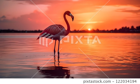 Silhouette of Red American flamingo birds in the water and reflection in the evening sunset in a large lake. Silhouette of Red American flamingo birds in the water and reflection in the evening sunset in a large lake. 122034194