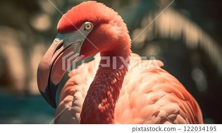 Close up portrait of pink American flamingo birds in the water. Close up portrait of pink American flamingo birds in the water. 122034195