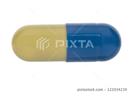 Closed medical capsule in blue and green 122034239