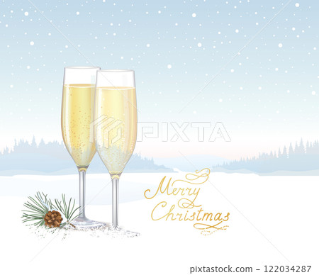 Two flute glasses filled with sparkling champagne over Christmas winter snowy landscape skyline background. 122034287