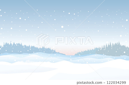 Winter snowy landscape. Christmas noel background. Winter nature holiday snowfall snowdrifts skyline view. 122034299