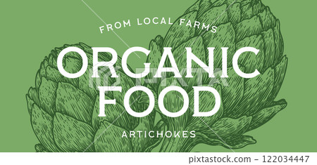 Artichoke, vegetable. Tag, label, sign, vintage retro print, black white artichoke drawing, sketch ink pencil draw, engrave old school style. Sketch artwork silhouette artichoke. Vector Illustration 122034447