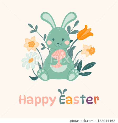 Happy Easter greeting card. Easter bunny is sitting and holding an Easter egg in his paws on a background of flowers. Happy Easter. Vector illustration in a flat style on a light background. Happy Easter greeting card. Easter bunny is sitting and holding an Easter egg in his paws on a background of flowers. Happy Easter. Vector illustration in a flat style on a light background. 122034462