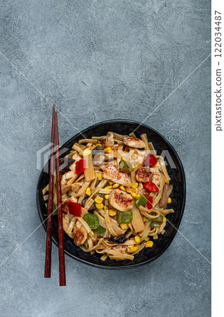 fried noodles with chicken meat and vegetables, Bami Goreng, Indonesian dish, no people, 122034487