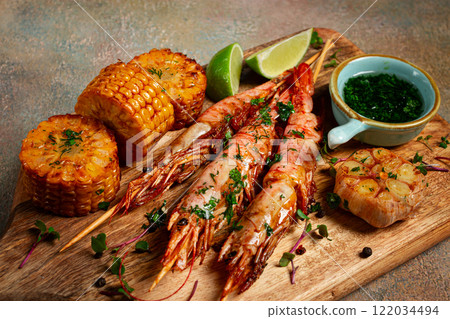 langoustines on skewers, shrimp kebab, with fried corn, spices and herbs, homemade, no people, langoustines on skewers, shrimp kebab, with fried corn, spices and herbs, homemade, no people, 122034494