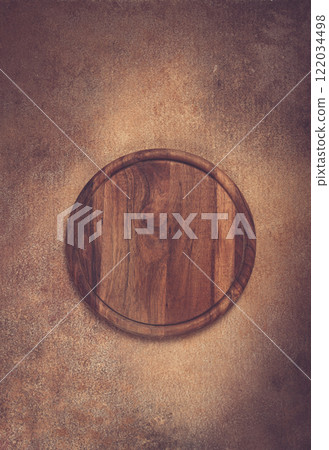 Wooden serving board rests on textured surface, highlighting natural grains and craftsmanship Wooden serving board rests on textured surface, highlighting natural grains and craftsmanship 122034498