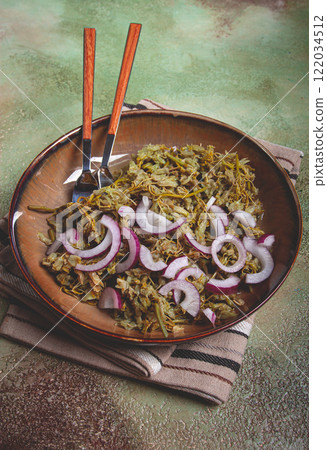 Jonjoli, Colchian klekachka, jonjoli salad, with red onion and butter, Georgian appetizer, pickled jonjoli, no people Jonjoli, Colchian klekachka, jonjoli salad, with red onion and butter, Georgian appetizer, pickled jonjoli, no people 122034512