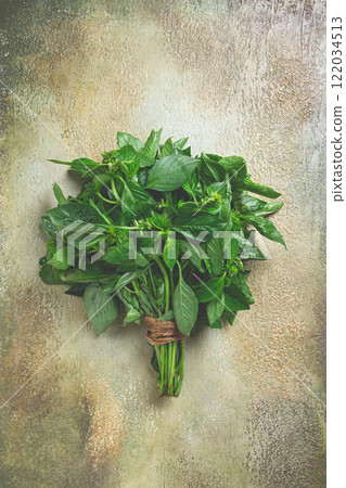 bouquet of fresh green basil, on the table, top view, no people, 122034513