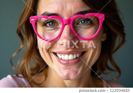 A Smiling Woman Wearing Trendy Pink Glasses, Set Against a Soft, Neutral Background 122034685