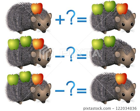 Action relationship of addition and subtraction, examples with apples on a hedgehog. 122034836