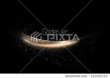 Isolated shiny gold ribbon with small tinsel on black background, design component Isolated shiny gold ribbon with small tinsel on black background, design component 122035123