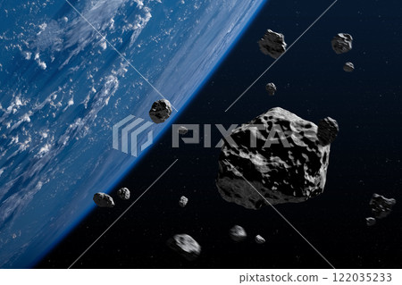 Big and small asteroids near planet Earth in space. Big and small asteroids near planet Earth in space. 122035233