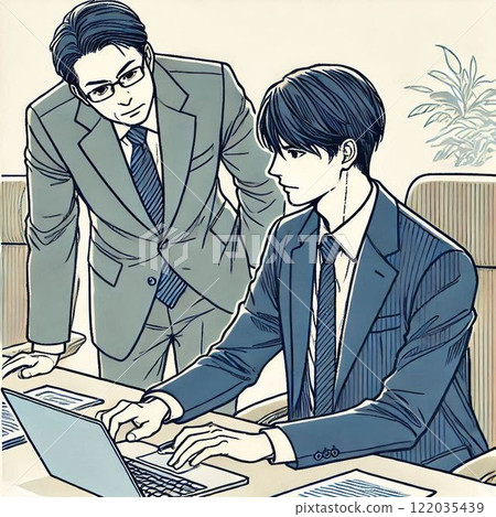 A boss checking the progress of his subordinate's work A boss checking the progress of his subordinate's work 122035439