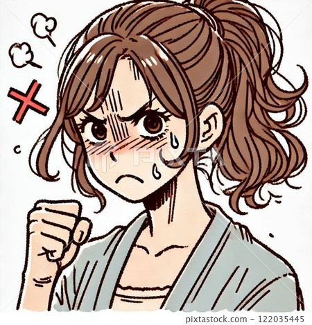 [Line drawing] A woman who is filled with anger and makes a clenched fist 122035445