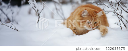 Ginger cat playing and hunting in the snow 122035675