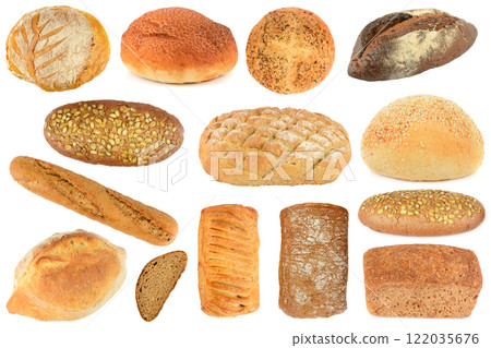 Different bread products made of wheat and rye isolated on white 122035676