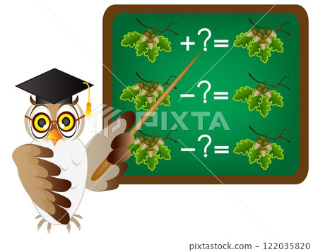 Educational games for children with owl teacher, action relationship of addition and subtraction. 122035820