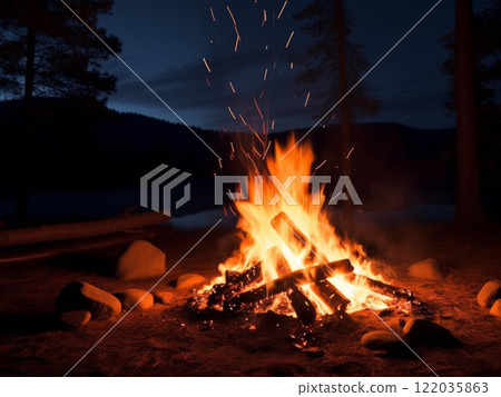 Bonfire sparks dancing in the night sky 122035863