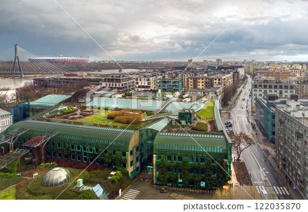 Awe aerial view (panorrama) on garden of Warsaw University Library, - fantastic sky : alittle dramatic Awe aerial view (panorrama) on garden of Warsaw University Library, - fantastic sky : alittle dramatic 122035870