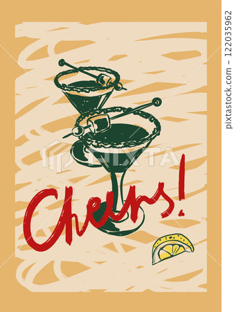 Vector alcohol poster with Margarita cocktail and hand-letter motivation phrase Cheers. Hand-drawn linear card isolated on beige background. Illustration for design, print, fabric or background. 122035962